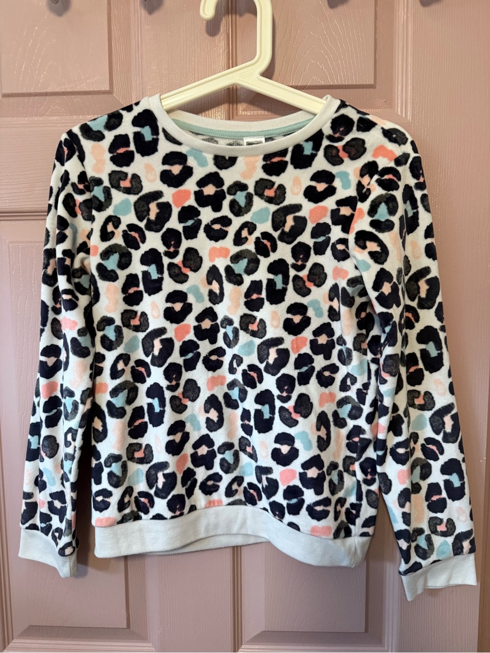 Girls Leopard Print Pullover Sweater in White with Pastel Accents